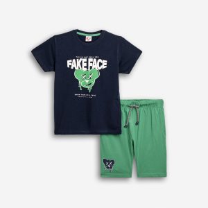 Σετ βαμβακερό μπλε-πράσινο Fake-Face- Funky-Kids